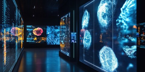 Cutting-edge sensor hub visualizing human and environmental data integration, glowing interfaces, and dynamic displays of biological insights