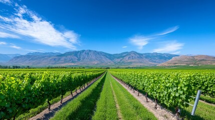 Vineyard Vista: Rows of lush green grapevines stretch towards majestic mountains under a vibrant blue sky, creating a picturesque vineyard landscape. 