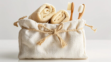 Bath Accessories: Bath accessories, toilet bag, isolated on a white background, highlighting various personal care items.