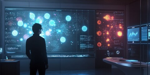 Cutting-edge sensor hub visualizing human and environmental data integration, glowing interfaces, and dynamic displays of biological insights