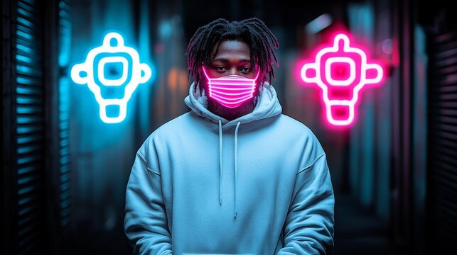 Neon City Mask: A young man with dreadlocks, wearing a pink face mask, stands pensively in a dimly lit urban alley, flanked by vibrant neon signs. - Powered by Adobe