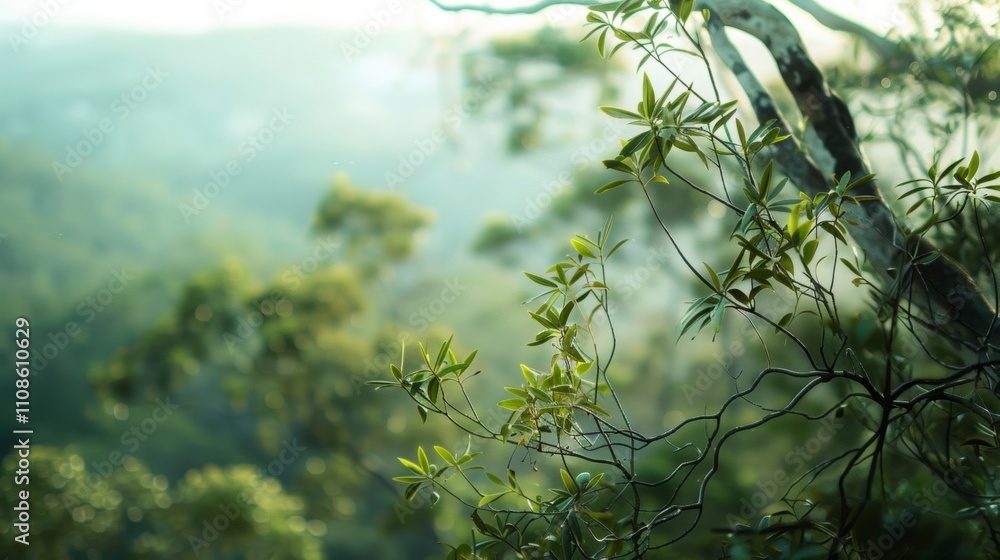 Poster hazy treetop view providing a tranquil and immersive experience in the midst of adventure.