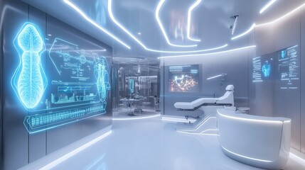 Fototapeta premium Futuristic clinic offering personalized bio-based health services, glowing holographic displays showing genetic data, sleek and welcoming design