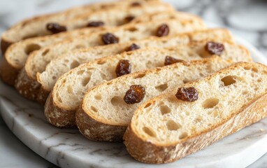 High-resolution close-up food photography of French bread slices with dried fruit, arranged creatively on a marble plate, featuring soft natural lighting and a neutral background