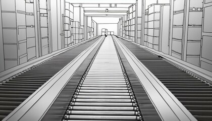 Obraz premium 자동화된 생산 라인 위에서 움직이는 컨베이어 벨트와 제품들의 윤곽