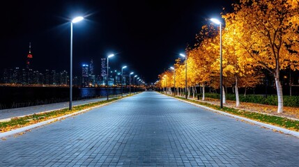 A photostock of glowing modern streetlights along an urban pathway at night, capturing a city&acirc;&euro;&trade;s quiet elegance. High Quality