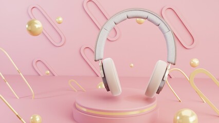 Realistic 3D headphone model with a stylish podium, perfect for product advertising, branding, e-commerce, and presentations. High-quality, photo-realistic textures with professional lighting setups.