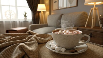 Cozy Living Room with Hot Chocolate and Marshmallows