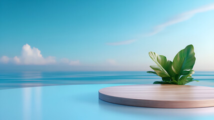 3d wood podium summer background for product display platform scene with sea beach sky cloud, Empty minimal wooden stage design, ai generate