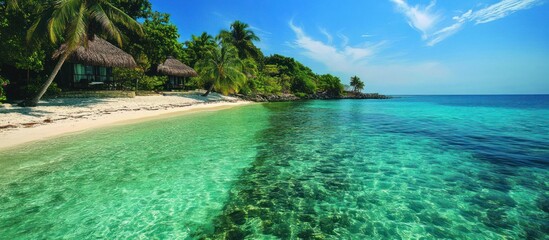 A tropical island with white sand beach, clear blue water and lush green trees.