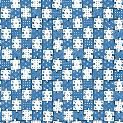 Winter Puzzle Pattern. Seamless Geometric Checked Background with Winter Items. Christmas Holiday Print. Template. Christmas Tree, Deer, Snowflake, Heart, Star, Flower. Vector in Blue, White