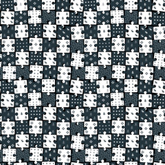 Winter Puzzle Pattern. Seamless Geometric Checked Background with Winter Items. Christmas Holiday Print. Christmas Tree, Deer, Snowflake, Heart, Star, Flower. Vector in Black, White
