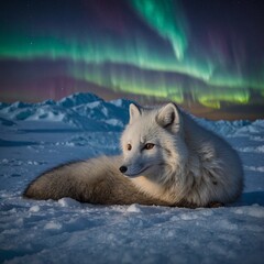 Naklejka premium An arctic fox curled up on the snow under the soft glow of the northern lights.
