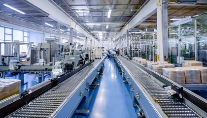 Obraz premium 자동화된 생산 라인 위에서 움직이는 컨베이어 벨트와 제품들의 윤곽