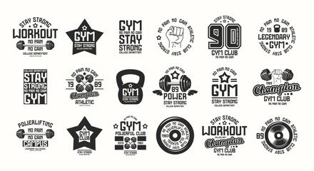 Set of emblems for gym, workout, athletic club. Graphic design for t-shirt. Black print on white background