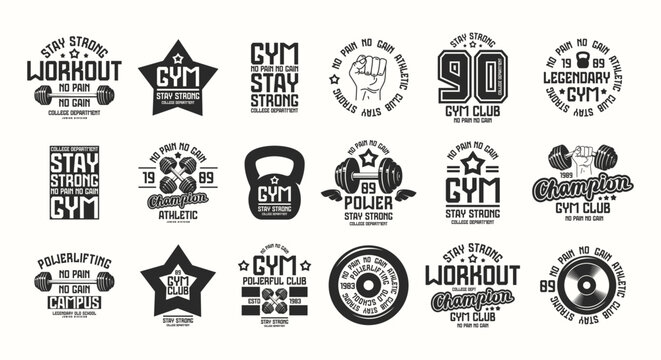 Set of emblems for gym, workout, athletic club. Graphic design for t-shirt. Black print on white background