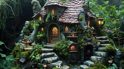 Fototapeta premium Whimsical fairy mansion: fairy prince's villa with winding outdoor stairs and a lush fairy garden