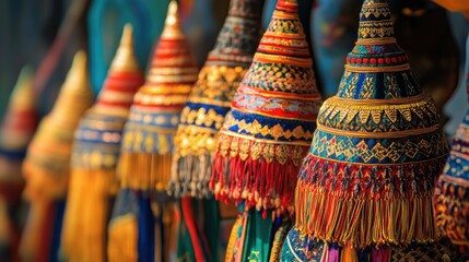 Fototapeta premium A close-up of traditional Thai Muay Thai headdresses, with rich colors and patterns, symbolizing Thai heritage and martial arts culture.