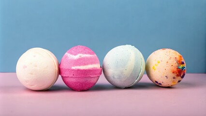 Obraz premium Assorted Pastel Bath Bombs on Light Blue Background