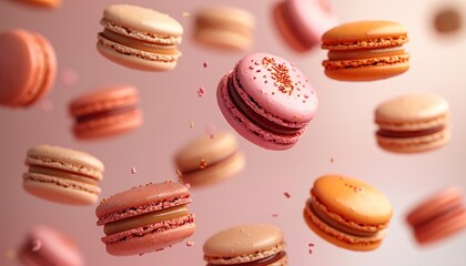 Obraz premium Various colorful of macarons floating on the air isolated on clean png background