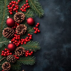 Festive Christmas border with pine cones, holly berries, and ornaments on dark background.