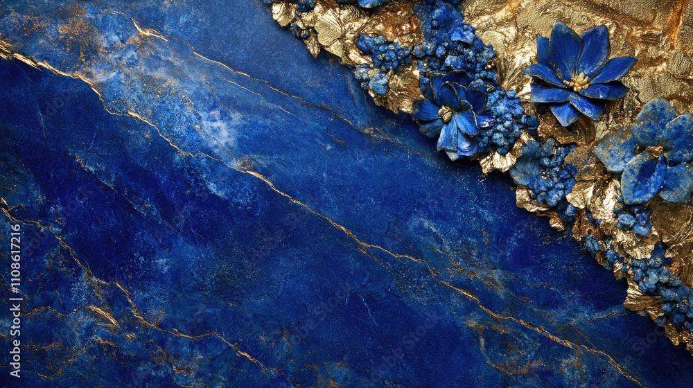 Poster a smooth, blue lapis lazuli background filled with vibrant blues and golden hues, providing space fo