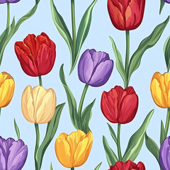 Obraz premium Colorful tulip floral pattern on a light blue background, perfect for spring designs and decorations
