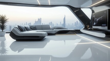  futuristic minimalist living room with glossy white flooring, a modular sofa with clean angular shapes in gray and black, and a floating entertainment unit, integrated LED light strip, 16:9