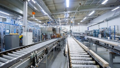 자동화된 생산 라인 위에서 움직이는 컨베이어 벨트와 제품들의 윤곽