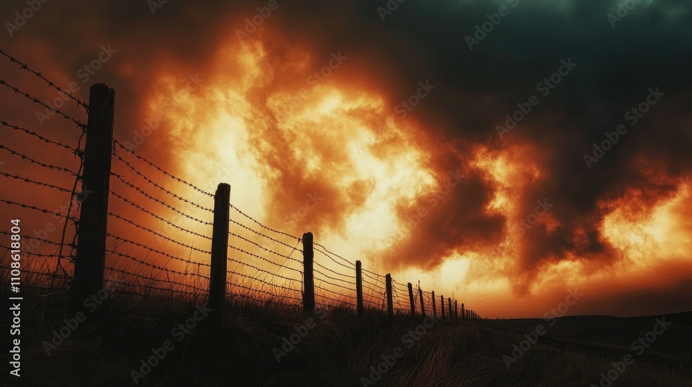 Poster barbed wire fence silhouette casting sharp shadows in front of a stormy sky, capturing a stark, inte