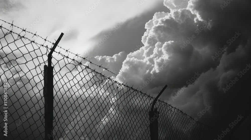 Aufkleber barbed wire fence silhouette casting sharp shadows in front of a stormy sky, capturing a stark, inte