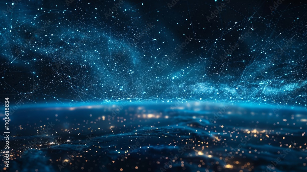 Poster like a celestial code the glowing strands of light stretch across the night sky symbolizing the tran