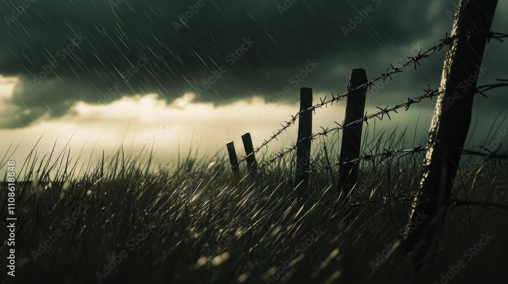 Poster barbed wire fence silhouette casting sharp shadows in front of a stormy sky, capturing a stark, inte
