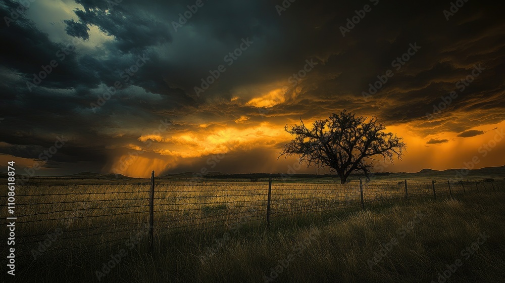 Poster barbed wire fence silhouette casting sharp shadows in front of a stormy sky, capturing a stark, inte