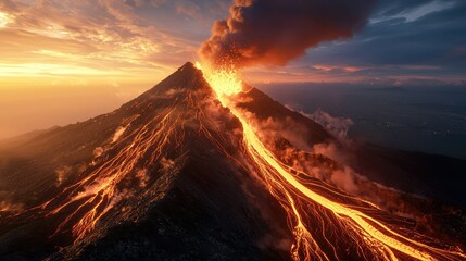 Fototapeta premium Volcanic eruption spectacle mountain range nature dramatic atmosphere aerial view earth’s forces unleashed