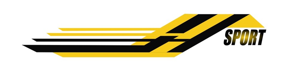 Sport car decal stripes. Speed lines, racing tuning strips and car sticker vector set. Yellow vehicle marking elements for transport modifying isolated on black.