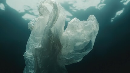Fototapeta premium Close-up of a plastic bag drifting through ocean water, highlighting the pollution and its threat to marine life, a stark reminder of environmental harm