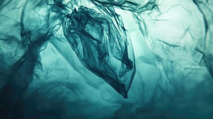 Fototapeta premium Close-up of a plastic bag drifting through ocean water, highlighting the pollution and its threat to marine life, a stark reminder of environmental harm