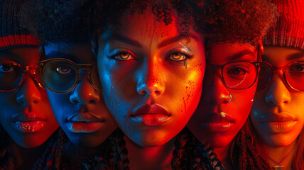 Fototapeta premium Vibrant Portrait of Diverse Faces in Dramatic Lighting 