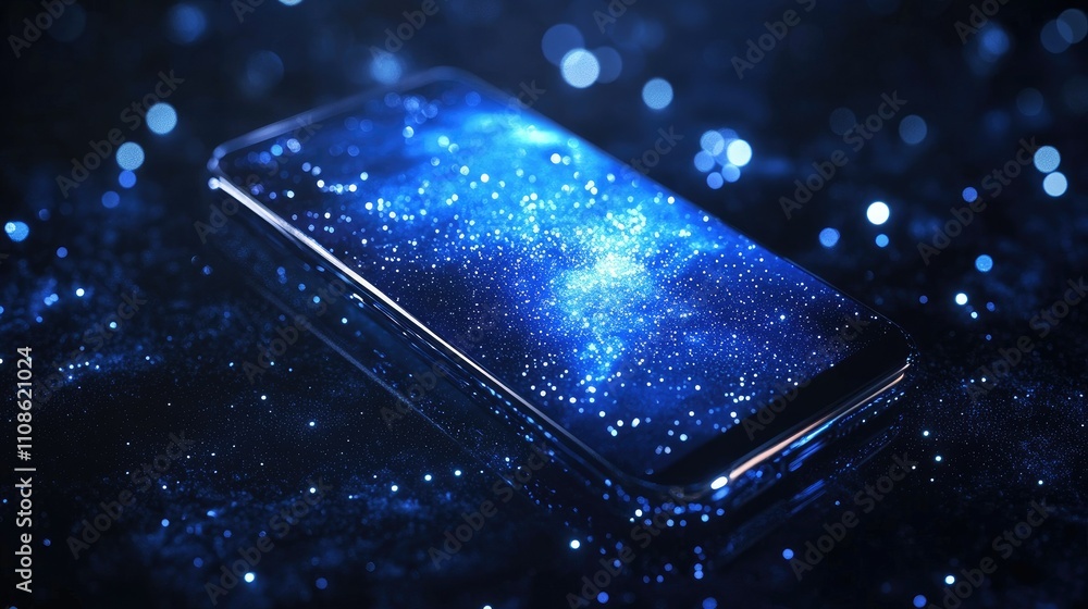 Poster cosmic galaxy background with a futuristic smartphone in the foreground, illuminated by glowing blue