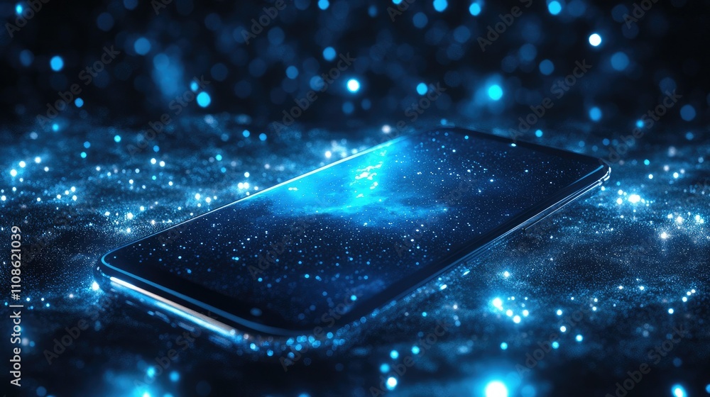 Poster cosmic galaxy background with a futuristic smartphone in the foreground, illuminated by glowing blue