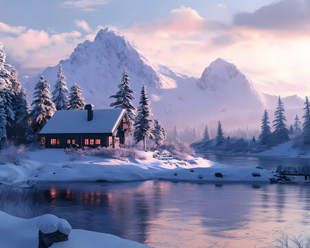 Cozy cabin by a frozen lake in a snowy winter landscape, with towering snow-capped mountains and a serene pink sunset sky.