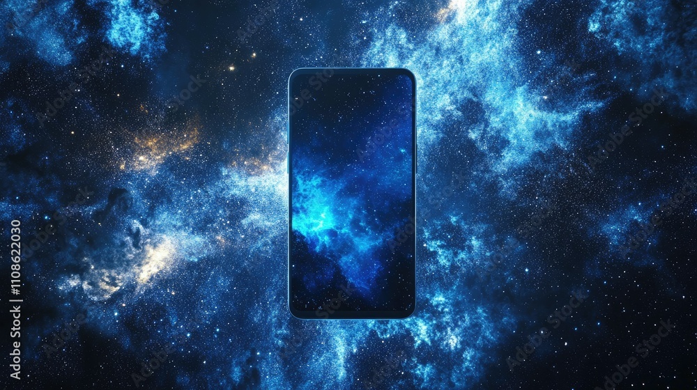 Poster futuristic phone design in front of a starry cosmic backdrop, with vibrant blue galaxy effects, emph