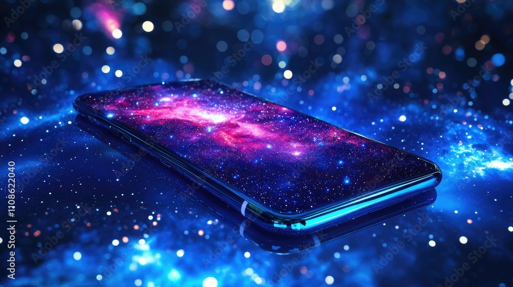 Poster futuristic phone design in front of a starry cosmic backdrop, with vibrant blue galaxy effects, emph