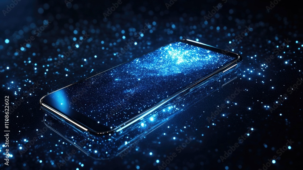 Poster modern smartphone design against a starry cosmic background with glowing blue galaxy effects, symbol