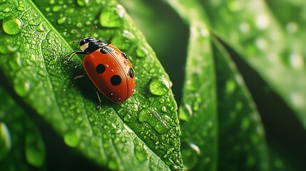 Fototapeta premium A macro shot of a ladybug on a leaf, macro lens at aperture f/3.5, natural daylight, and extreme close-up for vibrant detail. 