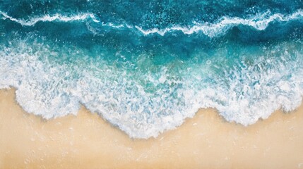 Serene view of ocean waves and sandy beach from a top-down perspective, providing room for text, evoking calm and peaceful vibes