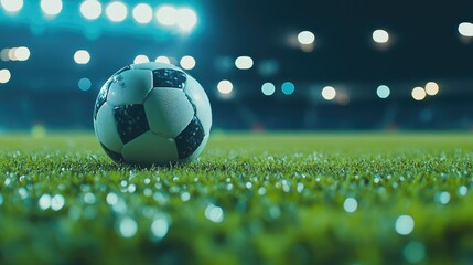 Fototapeta premium Soccer ball on a green grass field in the stadium, under bright lights during an evening match, creating an exciting sports atmosphere
