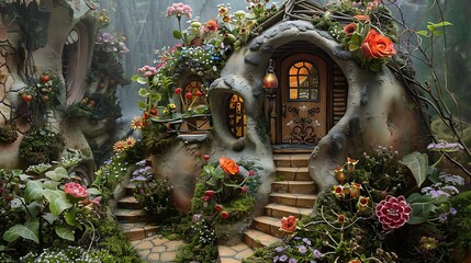 Fototapeta premium Whimsical fairy mansion: fairy prince's villa with winding outdoor stairs and a lush fairy garden