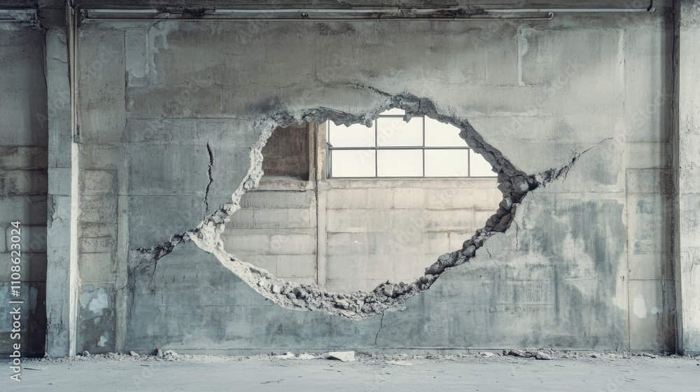 Poster the interior of an abandoned building with a large hole in the concrete wall and cracks spreading ac
